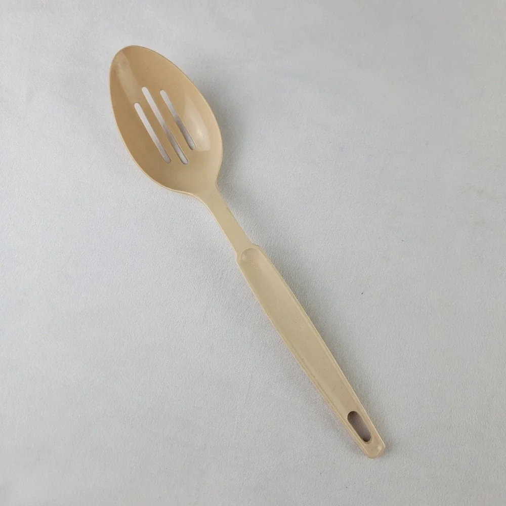 Ekco Vintage Slotted Spoon Almond Beige Nylon Kitchen Utensil USA 12 inch